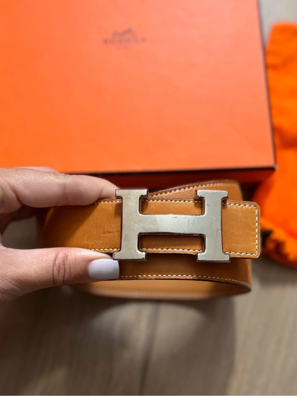 Authentic HERMES brown leather H silver Constance buckle belt 70cm
